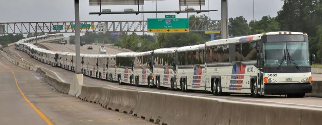 METRO buses are lined up on the highway ready to help those affected by Hurricane Harvey.